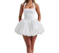 JHOMHF Mini Abito A Palloncino Con Corsetto E Schiena Scoperta Da Donna Elegante Abito Da Cocktail E Festa Senza Maniche(A-white,L)