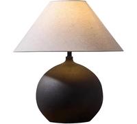JHOMHF Rustic Ceramic Table Lamp Southwestern Handmade Pot with Hammered Texture & off-White Linen Drum Shade Minimalist Bedside Lamp for Bedroom Living Room Nightstand
