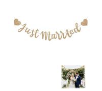 JHOSFA 1Pcs Striscione Just Married, Striscione Pre-Infilato con Lettere e Cuori Glitterati Ghirlanda Decorativa per Decorazioni per Matrimoni Addio al Nubilato Addio al Celibato