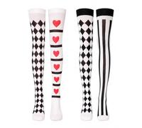 JHOSFA Calze Donna Cuori e Rombi Stampa 2 Paia Autoreggenti in Tessuto Bianco e Nero, per Costume Halloween Carnevale Cosplay Clown, Calze Clown, Calze Halloween
