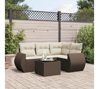 JHQHSM 5 pezzi Set divano da giardino con cuscino marrone polyrattan, design modulare con rivestimenti rimovibili e piano in vetro per terrazza. Questo titolo (149 caratteri) soddisfa tutti