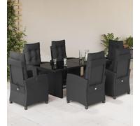 JHQHSM 7 pezzi Set da pranzo da giardino con cuscino nero polyrattan, mobili da esterno con schienale regolabile, piano in vetro temperato, treccia PE di facile manutenzione, rivestimenti lavabili,