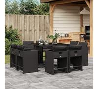 JHQHSM 9 pezzi Set da pranzo da giardino con cuscino nero in polyrattan, sedie pieghevoli con rivestimenti lavabili e piano in vetro temperato per terrazza, mobili per esterni durevoli con risparmio