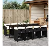 JHQHSM 9 pezzi Set da pranzo da giardino con cuscino nero polyrattan, sedie pieghevoli con rivestimenti lavabili e piano in vetro temperato per terrazze, set da esterno salvaspazio per una lunga
