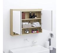 JHQHSM Armadietto a specchio per bagno, bianco, effetto rovere, 80 x 15 x 60 cm, MDF con 2 ante e 3 scomparti