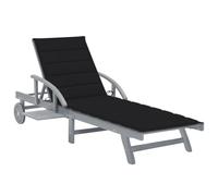 JHQHSM Lettino prendisole in legno massello con cuscino in acacia grigio, schienale e poggiapiedi regolabili, pratico ripiano per bevande e smartphone, mobili da giardino con ruote