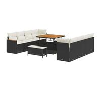 JHQHSM Moderno set di divani da giardino da 11 pezzi, in polyrattan nero con superficie in legno di acacia, configurazione modulare, include un comodo cuscino rimovibile con rivestimento in poliestere