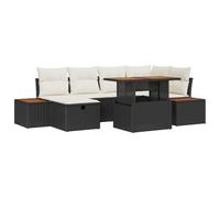 JHQHSM Moderno set di divani da giardino da 7 pezzi, in polyrattan nero e legno di acacia con telaio in acciaio, composto da due sedute centrali, una piazza ad angolo, due divani, un poggiapiedi