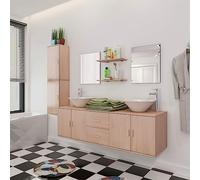 JHQHSM Set Bagno Completo 9 Pezzi Beige con Lavabo Ceramica, Armadio a Parete, Specchi e Scaffali per Ottimizzazione Spazio, Mobile Toeletta Multistrato Robusto, Accessori Montaggio