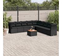 JHQHSM Set da 10 pezzi da giardino con cuscino, nero, in polyrattan PE intrecciato, design modulare, impermeabile, rivestimento rimovibile in legno di acacia, piano del tavolo durevole