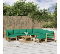 JHQHSM Set da 11 pezzi da giardino in bambù con cuscino verde, robusto set di divani per esterni con comoda imbottitura e pratico tavolo per terrazza e giardino, design durevole