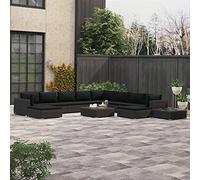 JHQHSM Set da 12 pezzi da giardino con cuscini in rattan PE di colore nero, 3 divani angolari, 5 divani centrali, 2 poggiapiedi, 2 tavolini, 10 cuscini e 11 cuscini per schienale