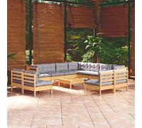 JHQHSM Set da 12 pezzi da giardino in legno di pino massiccio con cuscino grigio, mobili da terrazza robusti per relax e convivialità, design modulare per una combinazione personalizzata,