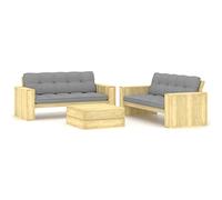 JHQHSM Set da giardino da 3 pezzi con cuscini in legno di pino impregnato, durevole e resistente alle intemperie, con cuscini imbottiti in poliestere spessi per un elevato comfort di seduta
