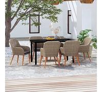 JHQHSM Set da pranzo da giardino con cuscino marrone, 4 sedie e tavolo in acciaio verniciato a polvere e rattan PE impermeabile, in vetro di facile manutenzione, mobili da esterno