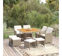 JHQHSM Set da pranzo da giardino da 9 pezzi con cuscini in rattan sintetico beige, telaio in acciaio verniciato a polvere, schienale pieghevole, sedie ripiegabili sotto il tavolo, fino a 110 kg per