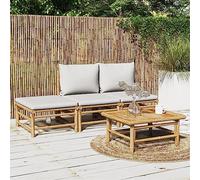 JHQHSM Set di 4 sedie da giardino in bambù con cuscino grigio chiaro per terrazza e balcone, comodo divano esterno con tavolo, mobili in rattan resistente alle intemperie, struttura modulare