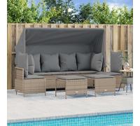 JHQHSM Set di 5 divani da giardino con cuscino beige polyrattan, schienale e poggiapiedi regolabili, tettuccio parasole allungabile, resistente alle intemperie, in rattan sintetico PE per terrazze, 5