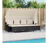 JHQHSM Set di 5 divani da giardino con cuscino, nero, in polyrattan, tettuccio parasole estraibile e fodera rimovibile per una seduta comoda e resistente alle intemperie, facile da pulire