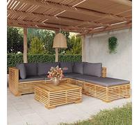 JHQHSM Set di 6 lounge da giardino in legno massello teak con cuscino per terrazza ed esterni, resistente alle intemperie, comoda imbottitura, materiale naturale durevole, facile da montare