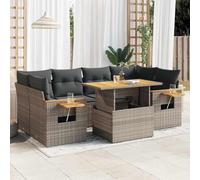 JHQHSM Set di 7 divani da giardino con cuscino grigio polyrattan acacacia, resistente alle intemperie, con spazio e ripiano. Questo set di divano da giardino offre una comoda seduta