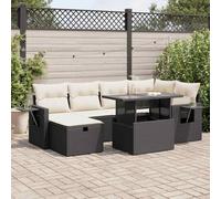 JHQHSM Set di 7 divani da giardino con cuscino, nero, in polyrattan, in rattan sintetico, per esterni, con vano portaoggetti e ripiano
