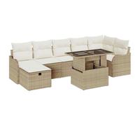 JHQHSM Set di 8 divani da giardino modulari con cuscini, in polyrattan beige, con divani centrali, angoli, braccioli e poggiapiedi, tavoli con vetro temperato e nascosti