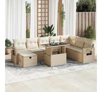JHQHSM Set di 9 divani da giardino con cuscino, beige, in polyrattan, design modulare con vano portaoggetti e ripiano, resistente alle intemperie, in rattan PE
