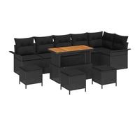 JHQHSM Set di divani da giardino componibili con cuscini, 10 pezzi, in polyrattan nero e legno di acacia, con tavolo regolabile in altezza per terrazza e giardino