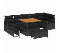 JHQHSM Set di divani da giardino componibili con cuscini, 9 pezzi, in polyrattan e legno di acacia, per terrazza e giardino, nero