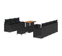 JHQHSM Set di divani da giardino componibili con tavolo, 10 pezzi, in polyrattan nero, con cuscini con rivestimenti rimovibili, telaio in acciaio verniciato a polvere, accenti in legno di acacia