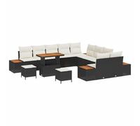JHQHSM Set di divani da giardino componibili da 13 pezzi, in polyrattan nero, con struttura in legno di acacia e cuscini rimovibili con cerniera, per giardino e terrazza