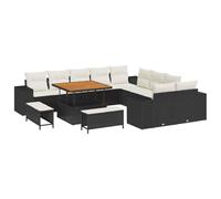 JHQHSM Set di divani da giardino componibili in polyrattan, 13 pezzi, con cuscino, in legno di acacia, nero, per giardino e terrazza