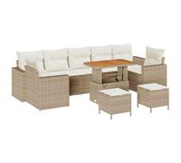 JHQHSM Set di divani da giardino modulari, 10 pezzi, beige, in polyrattan e legno massello di acacia, con quattro braccioli, tre posti centrali, due sgabelli e tavolo per terrazze