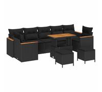 JHQHSM Set di divani da giardino modulari, 10 pezzi, in polyrattan nero, con tavolo in legno di acacia, composto da 4 braccioli, tre posti centrali, due sgabelli e tavolo, inclusi