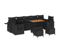 JHQHSM Set di divani da giardino modulari, 10 pezzi, in polyrattan nero e legno di acacia, con quattro braccioli, tre divani centrali, due sgabelli e un tavolo regolabile per terrazza e giardino