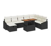 JHQHSM Set di divani da giardino modulari, 9 pezzi, in polyrattan e legno di acacia con telaio in acciaio nero, composto da quattro divani centrali, un divano ad angolo, due divani con braccioli