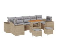 JHQHSM Set di divani da giardino modulari con cuscino, 10 pezzi, in polyrattan, beige, composto da quattro divani con braccioli e tre sedute centrali, con tavolo regolabile in altezza e sgabelli in