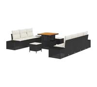 JHQHSM Set di divani da giardino modulari in polyrattan con cuscini, 10 pezzi, nero, con tavolo in legno di acacia regolabile in altezza per un uso flessibile come salotto o sala da pranzo