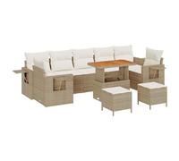 JHQHSM Set di divani modulari da giardino da 10 pezzi, in polyrattan beige con legno di acacia, composto da quattro divani con braccioli, tre divani centrali, due sgabelli e un tavolo da caffè