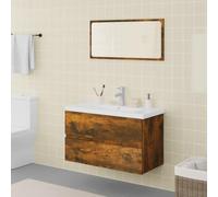 JHQHSM Set di Mobili da Bagno Rovere Fumo in Legno Multistrato con Lavabo Incorporato e Specchio, Mobile Sottolavabo Ampio Spazio di Stoccaggio, Design Pratico per Ottimizzazione