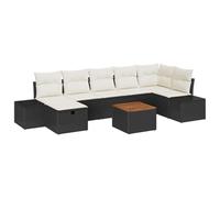 JHQHSM Set di mobili da giardino in polyrattan con cuscino, set di mobili da giardino da 8 pezzi in nero con piano in legno massiccio di acacia, composto da tre posti centrali, una seduta angolare e