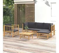 JHQHSM Set di mobili da giardino modulari in bambù con cuscini grigio scuro, composto da divano con braccioli e schienale e pratico tavolo per cibi e bevande