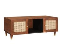 JHQHSM Tavolino marrone con ripiano e porta in legno massello mango e rattan, 100 x 54 x 40 cm, soluzione di archiviazione per soggiorno, tavolo multifunzione