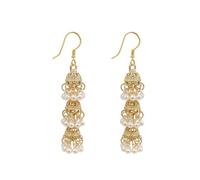 Jhumka - Orecchini pendenti a tre pezzi, con perle finte e ghiande lunghe e finiture dorate, stile bohémien, stile indiano bohémien, gioiello statement da donna, regalo tradizionale alla moda