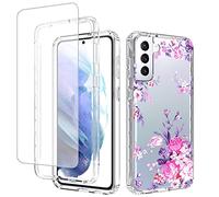 Jhxtech Custodia per Samsung Galaxy S21 Plus 5G, Samsung S21+ SM-G996B con pellicola protettiva in vetro temperato, motivo floreale trasparente per Samsung Galaxy S21 Plus (rosa fiore)