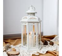 JHY DESIGN Lanterne decorative, 30 cm di altezza, Lanterne per candele da esterno, Porta candele in metallo vintage per interni ed esterni, eventi e matrimoni (bianco con pennellata dorata)