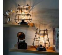 JHY DESIGN Set di 2 lanterne decorative da tavolo a forma di gabbia, alte 22 cm, alimentate a batteria, senza fili, con luci bianche calde, lampadina LED Edison, per soggiorno, camera da letto, casa