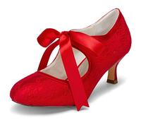 JIA JIA Nuziale 140311 Raso di Pizzo Tacco Basso Punta Chiusa Scarpe da Ballo Pompe delle Donne del Partito Colore Rosso, Taglia 42 EU