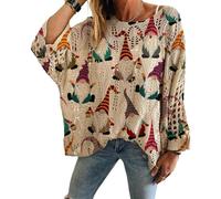 JIABAOZ Christmas Sweaters for Women Long Sleeve Crochet Christmas Tree Print Knit Pullover Loose Batwing Jumpers Graphic Crochet Hollow out Drop Shoulder Pullover (C,S)